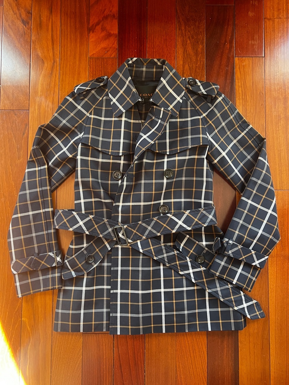 Coach Tattersall Navy Plaid Short Double-breasted Trench Coat XXS